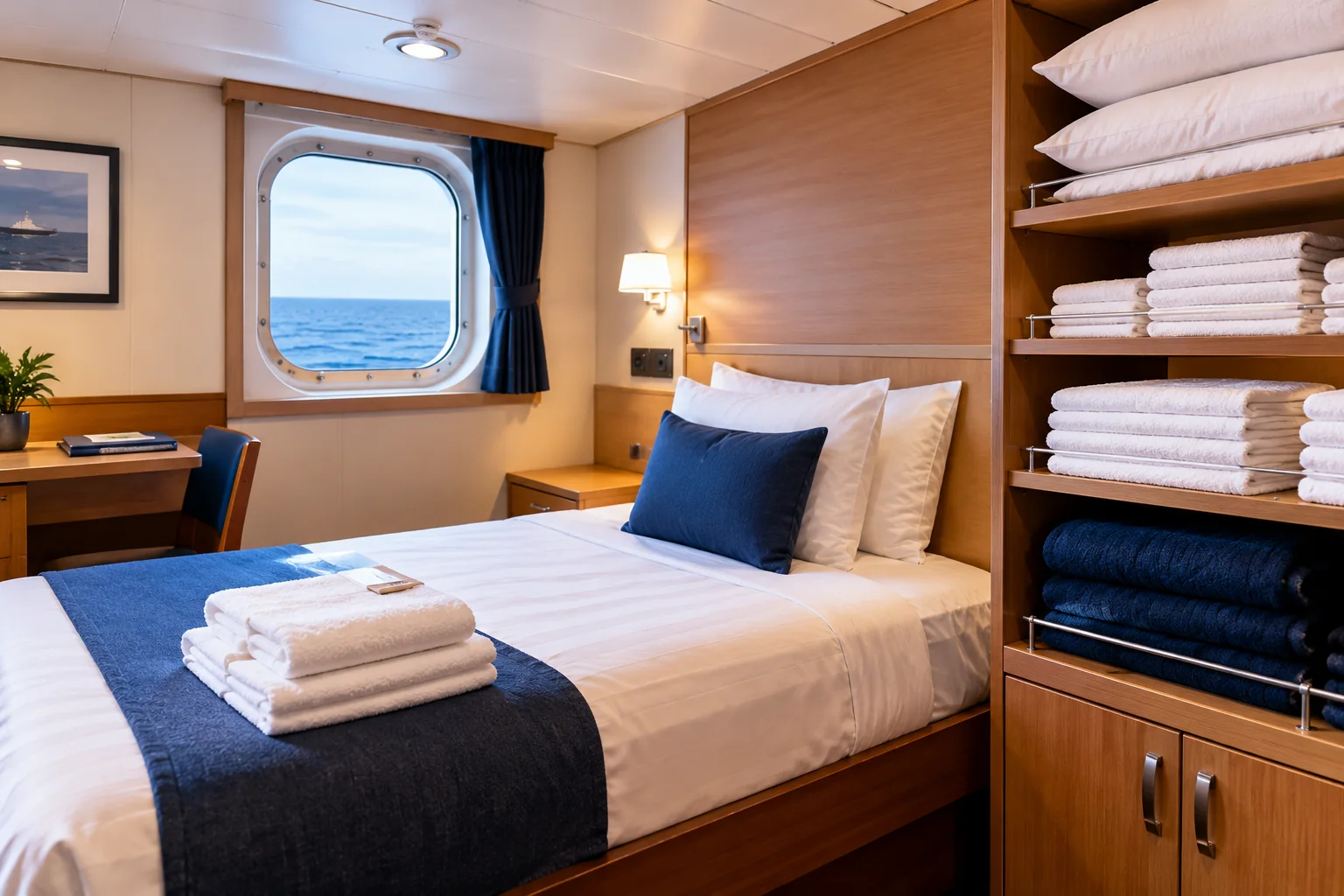 Ship's cabin with fresh bed linen, towels and pillows