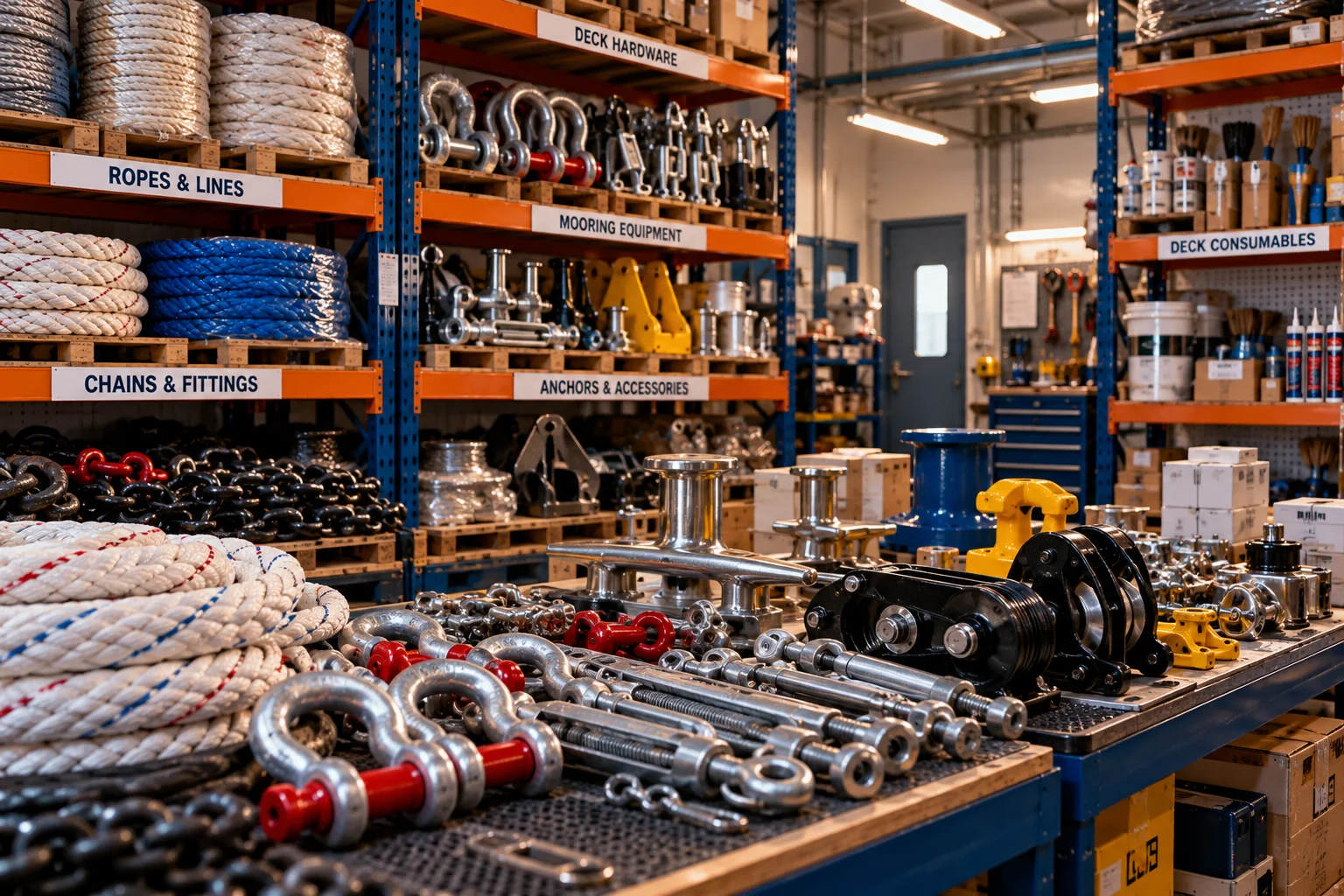 Deck stores with mooring ropes, shackles, chains and fittings on warehouse racks