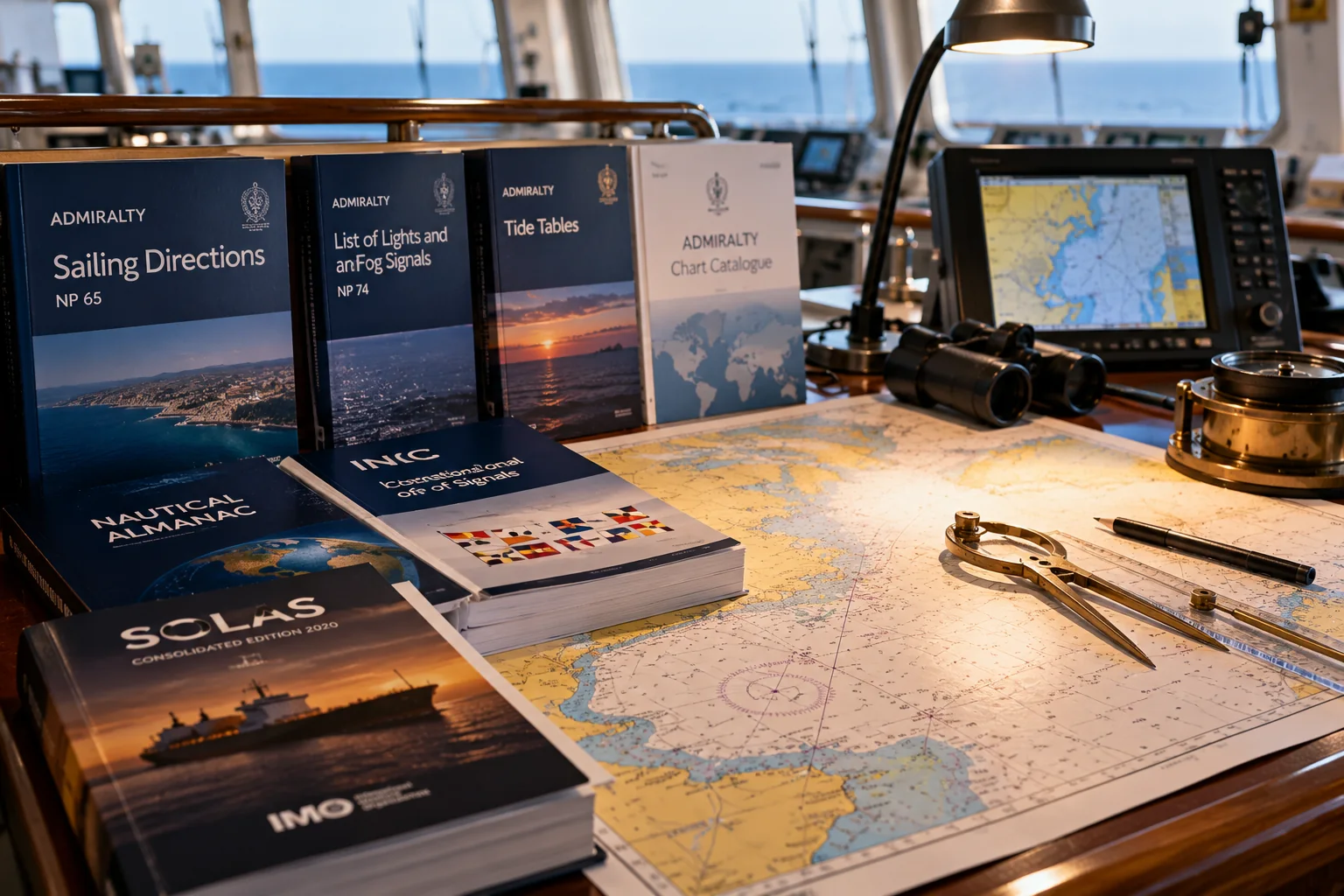 Sailing directions and IMO publications beside a nautical chart and navigation tools