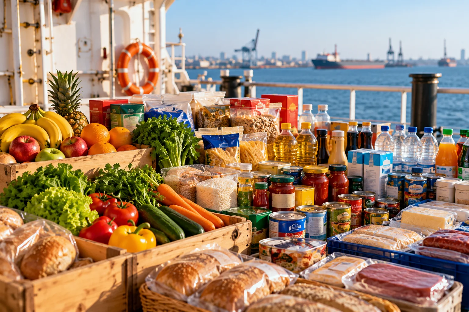 Fresh fruit, vegetables, bread and packaged food provisions ready on a ship's deck