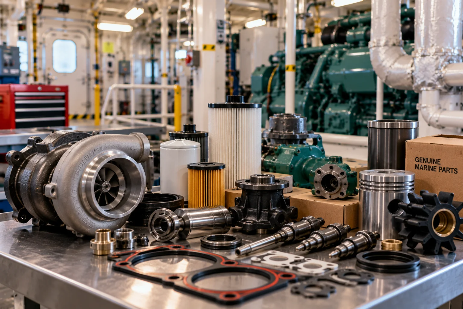 Marine spare parts: turbocharger, pistons, filters and gaskets on a workshop bench