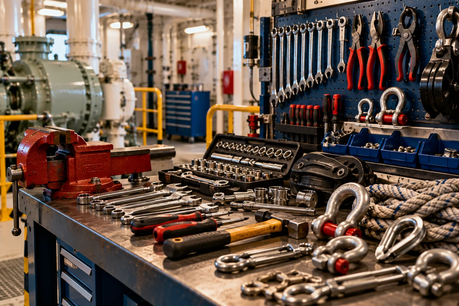 Workbench with spanners, wrenches, shackles and marine hardware in a ship's workshop