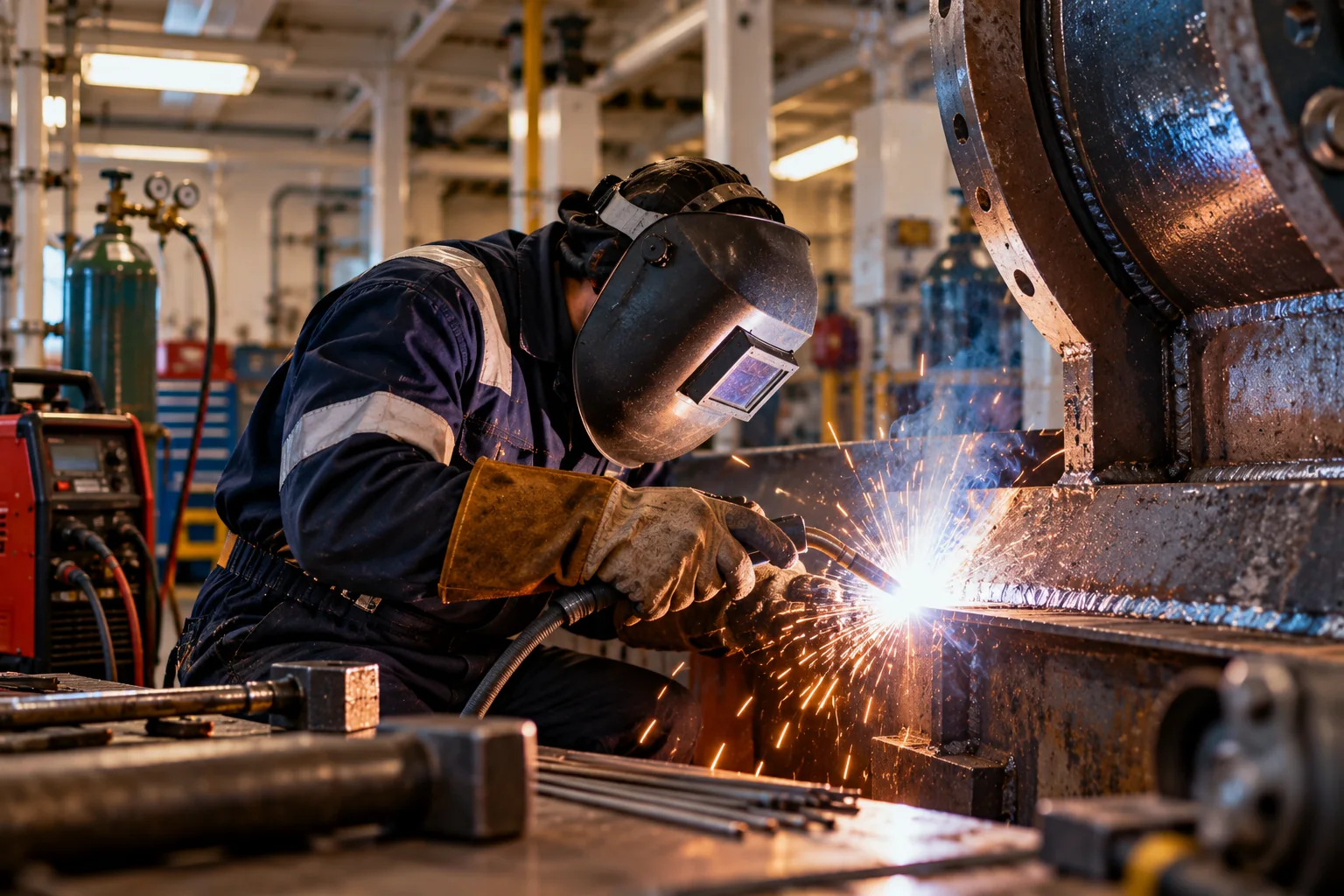 Welder in a protective mask and gloves welding steel in a ship's workshop